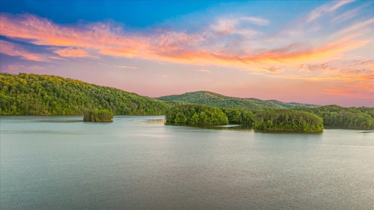 Norris Lake shoreline and mountains at sunset near Sharps Chapel, Tennessee
